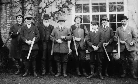  ??  ?? Above: a shoot at the Stone House, Leiston, Suffolk, 1913. JK is on the left and his father, Edward, fourth from left. Right: preparing to shoot snipe with Louis Saint-aubert. Far right: Insein district, 1929/30 (top); playing polo in Rangoon, 1926 (fourth from left, back row)