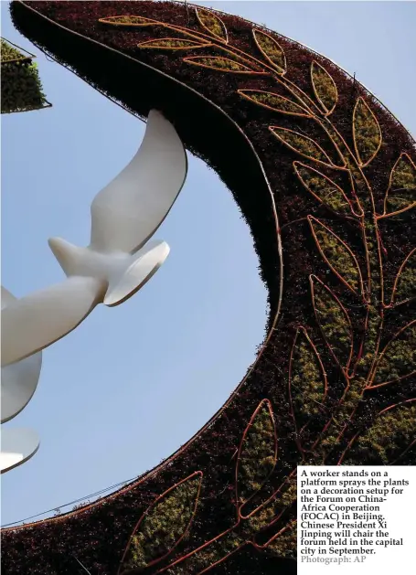  ?? Photograph: AP ?? A worker stands on a platform sprays the plants on a decoration setup for the Forum on ChinaAfric­a Cooperatio­n (FOCAC) in Beijing. Chinese President Xi Jinping will chair the forum held in the capital city in September.