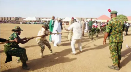  ?? PHOTO: ?? Female soldiers engage in a tug-of-war contest during the Depot Nigerian Army’s WASA at Chindit Cantonment in Zaria yesterday Isa Sa’idu