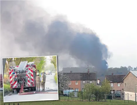  ??  ?? Fire crews tackle the large fire at Emmock Road to the north of Dundee. Below inset, the blaze at Fairbairn Street.