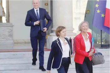  ?? — Reuters ?? French Minister of the Armed Forces Florence Parly, Minister for Disabled People Sophie Cluzel and Minister for the Ecological and Inclusive Transition Francois de Rugy leave following the weekly cabinet meeting at the Elysee Palace in Paris on Wednesday.