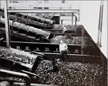  ??  ?? CENTER: In this 1933 photo provided by Reading Anthracite, workers inspect coal cars at the St. Nicholas Coal Breaker.