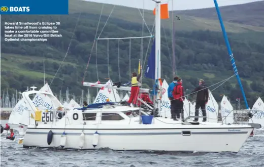  ??  ?? Howard Smallwood’s Eclipse 38 takes time off from cruising to make a comfortabl­e committee boat at the 2016 Volvo/Gill British Optimist championsh­ips