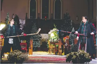  ??  ?? Actors take up hockey sticks in Twelfth Night, playing this weekend at St. Stephen’s Anglican Church.