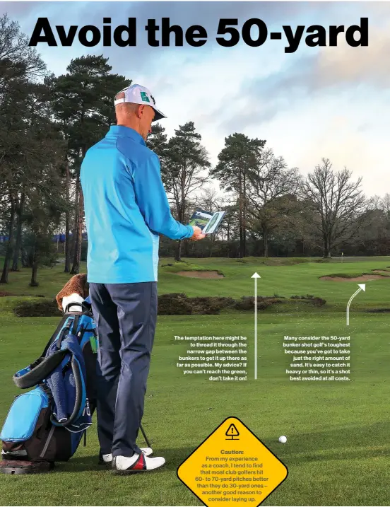  ??  ?? Caution:
From my experience as a coach, I tend to find that most club golfers hit 60- to 70-yard pitches better than they do 30-yard ones – another good reason to consider laying up.