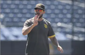  ?? GREGORY BULL - THE ASSOCIATED PRESS ?? In this Friday, July 3, 2020, file photo, San Diego Padres manager Jayce Tingler reacts during baseball training at Petco Park in San Diego.