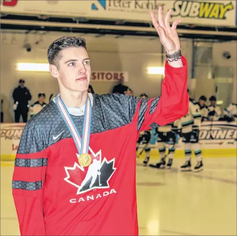  ?? GARY MANNING ?? Drake Batherson waves to the crowd after dropping the puck at the Valley Wildcats game in Berwick Jan. 7. Batherson became Kings County’s golden guy after helping Team Canada win gold at the World Juniors.