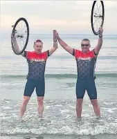  ??  ?? Tony Wakefield and Harry Crampton complete their 3,507 mile cycling challenge in Boston, US