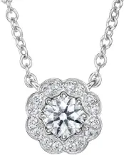  ??  ?? Top to bottom: Lorelei Diamond Halo Necklace and Lorelei Floral Open Ring
