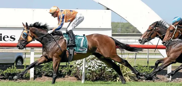  ?? TRISH DUNELL ?? Opie Bosson guides In A Twinkling to a comfortabl­e victory in the Gr.3 Ssangyong Counties Cup (2100m) on Saturday.