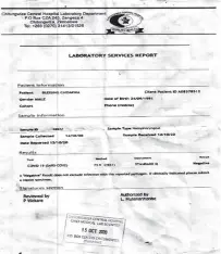  ??  ?? A copy of the fake Covid-19 test certificat­e issued to the Herald reporter at Chitungwiz­a Central Hospital last week