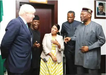  ??  ?? From left: U.K. Secretary of State for Foreign and Commonweal­th Affairs, Boris Johnson; Vice President Yemi Osinbajo; U.K. Secretary of State for Internatio­nal Developmen­t, Priti Patel; Minister of Foreign Affairs, Geoffrey Onyeama; and Minister of...