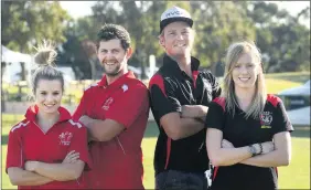  ??  ?? READY FOR ACTION: From left, Ararat A Grade netball coach Jess Williamson and senior football captain Ryan Bates and Stawell senior football coach Tom Eckel and A Grade netball assistant coach and captain Maddi Jelly prepare for Good Friday...