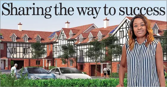  ??  ?? OFF TO A GOOD START: An illustrati­on of homes at The Grange in Chalfont St Peter, where 50 per cent of a two-bedroom flat costs £155,000. Right: Bernice Beke