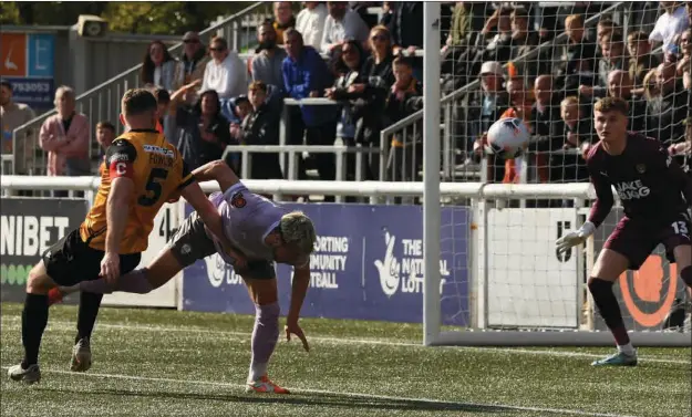  ?? Picture: Steve Terrell ?? Maidstone’s player-of-the-season George Fowler reduces the deficit against Notts County last weekend but Stones lost 5-2