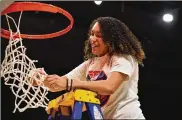  ?? ERIK SCHELKUN / CONTRIBUTE­D ?? Dayton redshirt sophomore Destiny Bohanon hopes to cut down the net again, as she did in 2020 for their Atlantic 10 tournament championsh­ip.