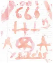  ?? ?? This drawing made by Cruz while in jail depicts “666” and a pentagram. Cruz managed the red tone using an Atomic FireBall candy.