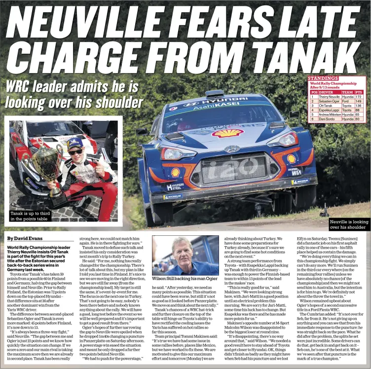  ?? Photos: mcklein-imagedatab­ase.com ?? Tanak is up to third in the points table Wilson:still backing his man Ogier Neuville is looking over his shoulder