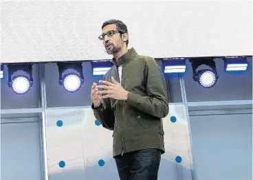  ?? DAVID PAUL MORRIS / BLOOMBERG ?? Google chief executive Sundar Pichai speaks at the Google I/O Developers Conference in Mountain View, Calif., on Tuesday. Google’s experiment­al Duplex voice assistant, which can converse, sparked a strong reaction at the show.