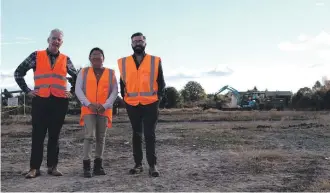  ?? PHOTOS: MATTHEW MARTIN/WAIKATO TIMES ?? Maraetai Road Intermodal Business Park is a $20m project aimed at creating jobs in South Waikato. Pictured are district council managers, from left, Paul Bowden, Joanne Salvacion and Nick Murphy at the constructi­on site.