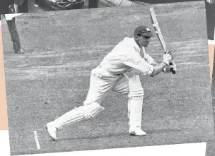  ??  ?? Left, top and bottom, England skipper Wally Hammond in the changing room and batting on the field; and right, top and bottom, South African captain Alan Melville off the field and bowling.