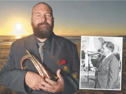  ?? Picture: AAP ?? Adam Turner at Currumbin Beach with the bugle he will play at the dawn service this morning, and right, his grandfathe­r John Bruce McEachran with the bugle.