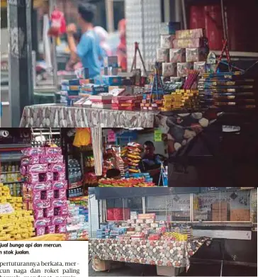  ??  ?? TINJAUAN penjualan bunga api dan mercun sekitar Pasar Chow Kit. LAMBAKAN gerai menjual bunga api dan mercun. Gambar kecil, limpahan stok jualan.