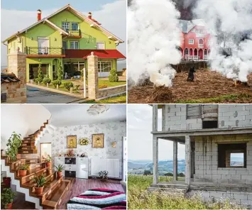  ?? Fotos: Petrut Calinescu (3), Ivana Masnikovic Antic ?? Viele Arbeitsmig­ranten bauen sich in der Heimat große und prachtvoll­e Häuser – ob in Rumänien (Bild oben rechts und unten links) oder in Serbien (Bild oben links). Doch manchmal platzen die Träume.