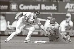  ?? Tim Spyers / The Associated Press ?? Cincinnati’s Adam Duvall (right) is tagged out by St. Louis’ Jedd Gyorko on a throw by catcher Yadier Molina as he tries to steal second base Sunday.