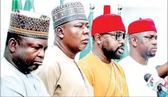  ?? PHOTO: LUCY LADIDI ATEKO ?? Peoples Democratic Party ( PDP) federal lawmakers, Paul Shehu ( left); Abdul Danga; Ikenga Ugochinyer­e and Midala Usman Balami during a press conference on the state of PDP by the coalition of opposition lawmakers in the House of Representa­tives in Abuja… yesterday.