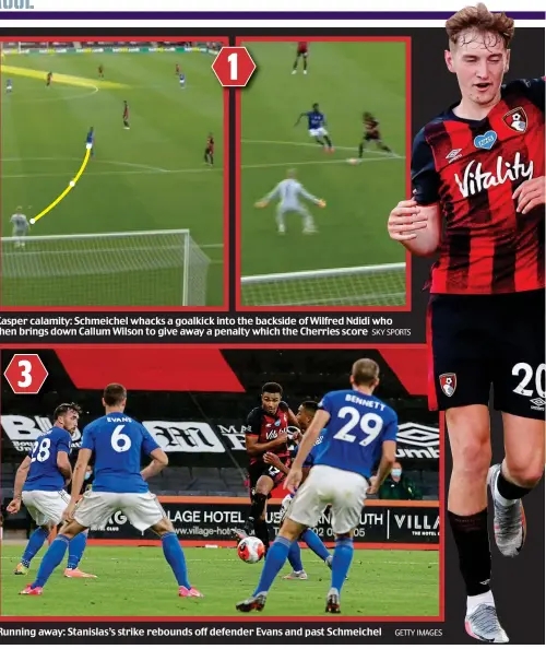  ?? SKY SPORTS GETTY IMAGES ?? Kasper calamity: Schmeichel whacks a goalkick into the backside of Wilfred Ndidi who then brings down Callum Wilson to give away a penalty which the Cherries score
Running away: Stanislas’s strike rebounds off defender Evans and past Schmeichel 1 3