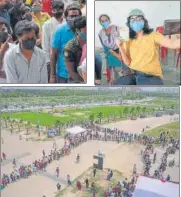  ??  ?? (Clockwise from top left) Social distancing norms flouted at KD Singh ‘Babu’ stadium as people queued up for mega vaccinatio­n drive on Tuesday; women showing victory sign and a girl taking a selfie after getting the jab; long queues at Atal Bihari Vajpayee Ekana stadium and a crowd trying to enter the vaccinatio­n centre at the stadium on Tuesday.