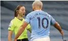  ??  ?? Sergio Aguero remonstrat­es with Sian Massey-Ellis. Photograph: Richard Pelham/ NMC Pool