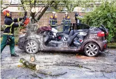  ?? Foto: Florian Büh, dpa ?? Sturm „Xavier“fegte gestern besonders stark über Deutschlan­ds Norden hinweg. He rabgestürz­te Äste zerstörten dieses Auto in Hamburg.