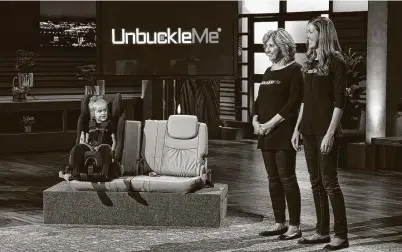  ?? Walt Disney Television / ABC ?? Houston mother and daughter team Becca Davison and Barbara Heilman demonstrat­e their gadget designed to safely and quickly get children in and out of a car on “Shark Tank.”