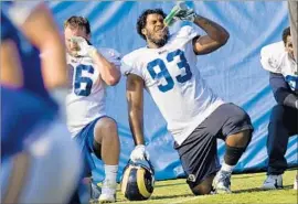  ?? Paul Rodriguez Associated Press ?? ETHAN WESTBROOKS, taking a water break at practice last week in Irvine, had two sacks among his 14 tackles last season, providing depth at defensive end.