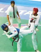  ??  ?? Arven Alcantara, one of the Korea-bound PH team’s fighters, delivers a turning side kick at his opponent in a recent competitio­n.