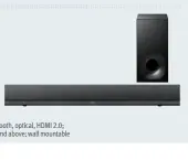  ??  ?? SONY HT-NT5 CRITICAL SPECS $999 www.sony.com.au 2.1 channel; 4K passthroug­h; wireless subwoofer; USB, Bluetooth, optical, HDMI 2.0; recommende­d 55-inch screen and above; wall mountable