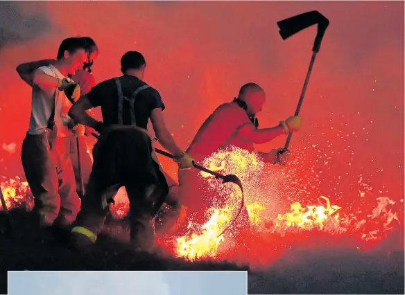  ?? Pictures: DANNY LAWSON/PA, NCJ MEDIA, SWNS, ALAMY, GETTY ?? Firefighte­rs tackle a blaze on Winter Hill near Bolton. Left, fires on an Army training ground in Northumber­land. Far right, a helicopter team at work near Aberystwyt­h