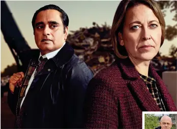  ??  ?? DOGGED DETECTIVES: Sanjeev Bhaskar and Nicola Walker, left, in Unforgotte­n. Below: Ross Kemp was moved by the sight of caged lions and tigers