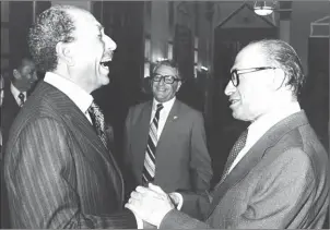  ??  ?? Israeli Premier Menahem Begin (right) meets with Egyptian President Anwar Sadat in Jerusalem, one year prior to the signing of The Camp David Accords in 1978.