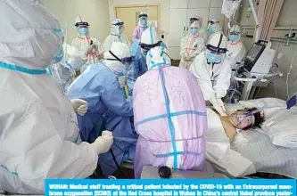  ??  ?? WUHAN: Medical staff treating a critical patient infected by the COVID-19 with an Extracorpo­real membrane oxygenatio­n (ECMO) at the Red Cross hospital in Wuhan in China’s central Hubei province yesterday. —AFP