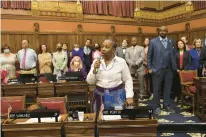  ?? JESSICA HILL/SPECIAL TO THE COURANT ?? State Rep. Robyn Porter, D-new Haven, speaks at the state Capitol in Hartford on May 4.