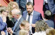  ?? — Reuters ?? Italy’s Interior Minister and Deputy Prime Minister Matteo Salvini leaves after the result of the vote on the future of a contested Alpine rail link meant to connect Turin with Lyon, at the Senate, in Rome, on Wednesday.
