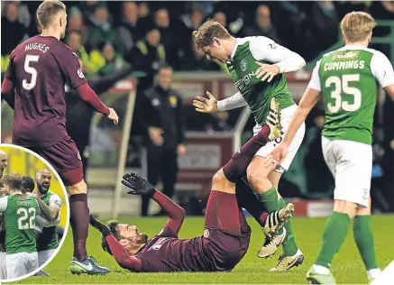  ??  ?? ■ There was a great atmosphere at Easter Road in midweek, but it was Hibs who did the celebratin­g (inset).