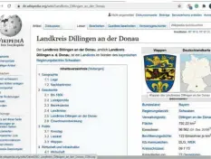  ?? Fotos: Bunk, Hassan/Screenshot: pov ?? So sieht der Eintrag zum Landkreis Dillingen auf der Webseite der Online‰Enzyklopä‰ die Wikipedia aus.