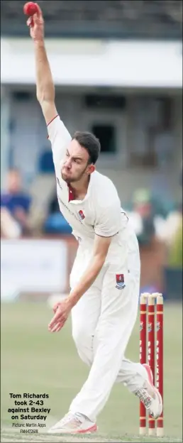  ?? Picture: Martin Apps FM4472618 ?? Tom Richards took 2-43 against Bexley on Saturday