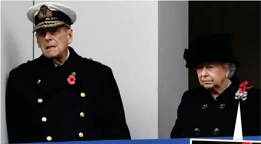  ??  ?? Support: Prince Philip leaned on the balcony wall from time to time during ceremony