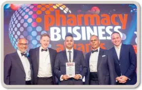  ?? ?? Pharmacy Business of the Year: Amish Patel, Hodgson Pharmacy, Longfield, Kent. (From left) Shailesh Solanki, former pharmacy minister Steve Brine MP, Amish Patel, Kalpesh Solanki and Matt Forde