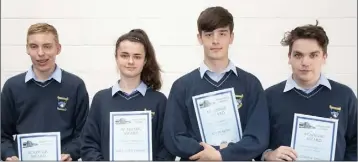  ??  ?? TY and LC1 Academic Awards: Rory Cassidy, Kira Bates Crosbie, Kevin Breen and Cormac Doyle.